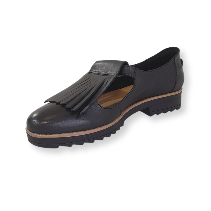 Black leather women's loafer with chunky sole and decorative fringe detailing