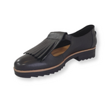 Black leather women's loafer with chunky sole and decorative fringe detailing