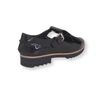 Black patent leather Mary Jane shoe with buckle strap and low chunky sole