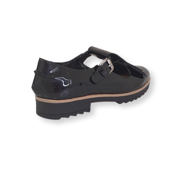 Black patent leather Mary Jane shoe with buckle strap and low chunky sole