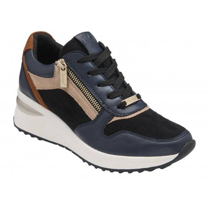 Lotus Moore women's navy and tan wedge trainers
