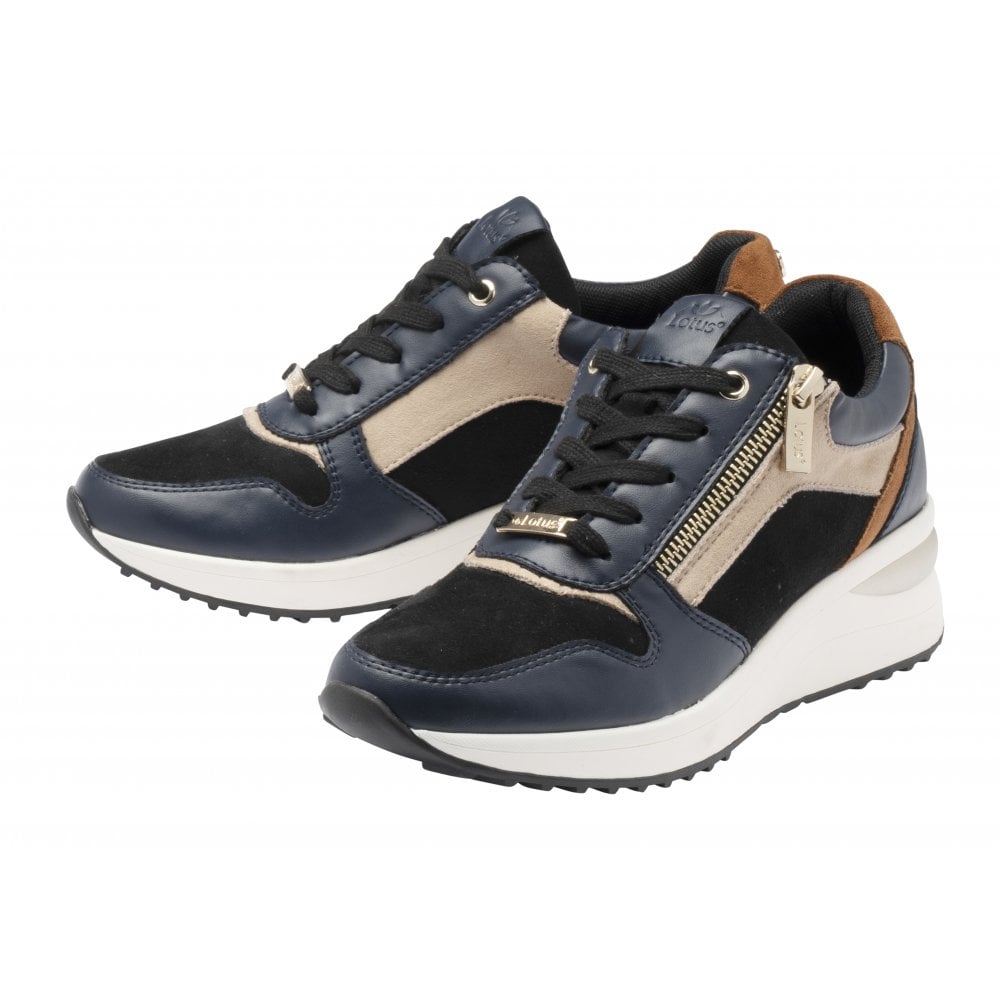 Lotus Moore women's navy and tan wedge trainers