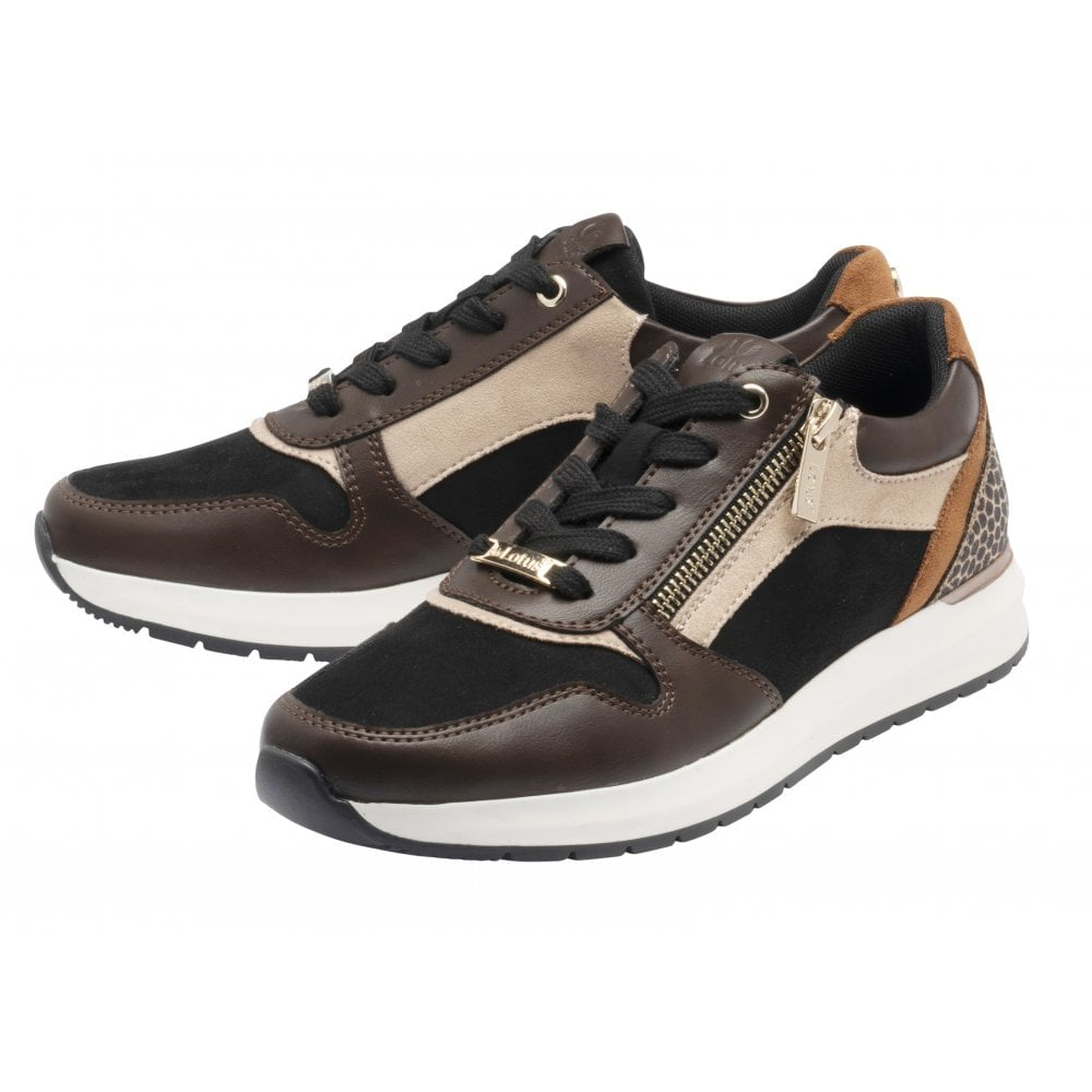Lotus Venus women's brown and black panelled trainers with animal print heel