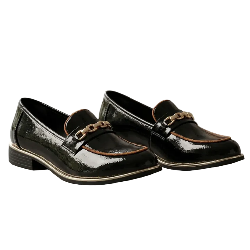 Lunar women's Mylee black patent loafers with gold-tone chain detail