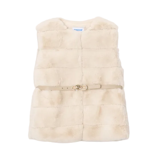 Mayoral girls' beige faux fur gilet with belted waist