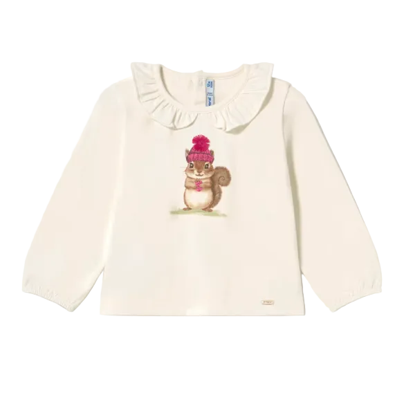 Mayoral girls' natural cream top with squirrel motif and ruffled collar