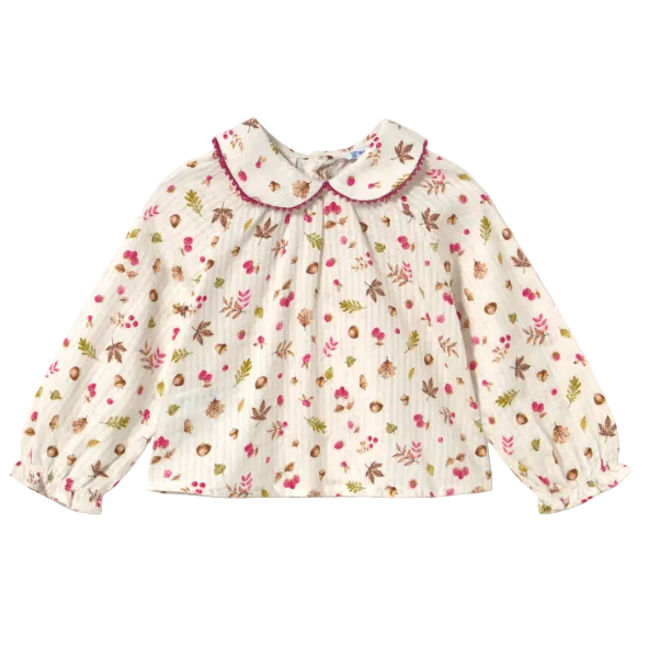 Mayoral girls' cream top with botanical print and pink trim collar