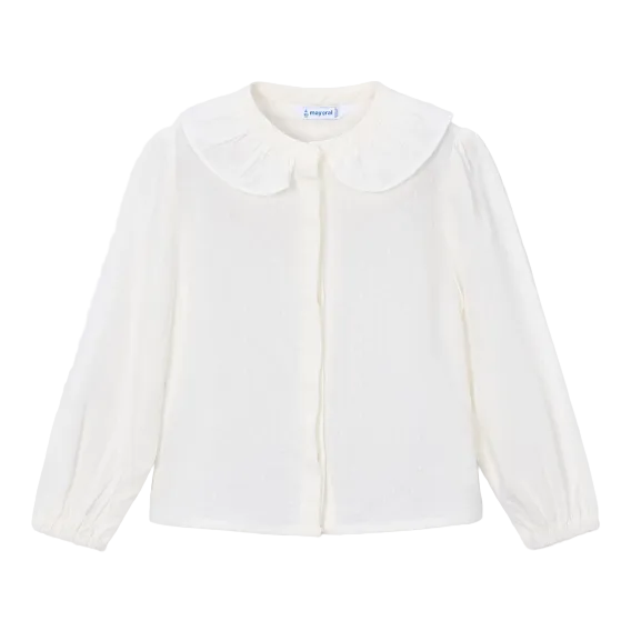 Mayoral girls' natural cream textured blouse with ruffled collar