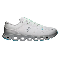 A white On Cloudrunner sneaker with light green laces and light blue accents, shown from a side profile on a light gray background.
