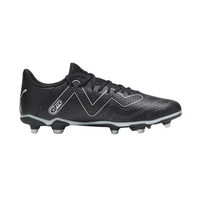 Black and silver football boot with studs, side view, synthetic upper, athletic footwear