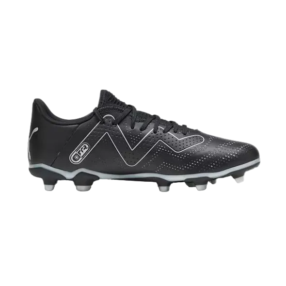 Black and silver football boot with studs, side view, synthetic upper, athletic footwear