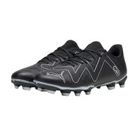 Black and silver Puma football boots with studs and zigzag pattern, athletic footwear