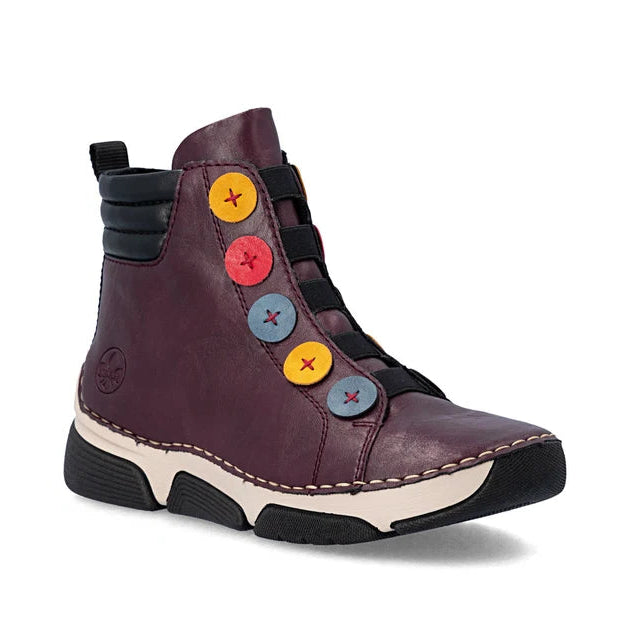 Rieker women's burgundy ankle boots with colourful button detailing
