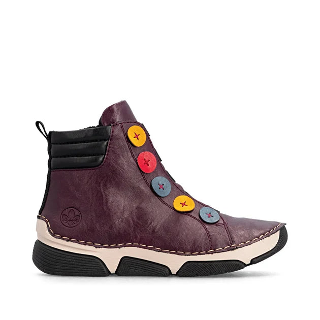 Rieker women's burgundy ankle boots with colourful button detailing