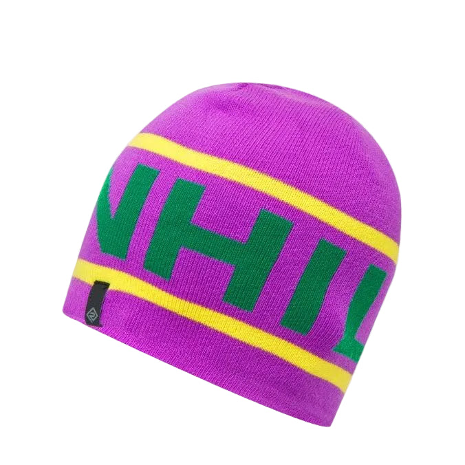 Purple beanie hat with yellow stripes and bold green lettering on the side.