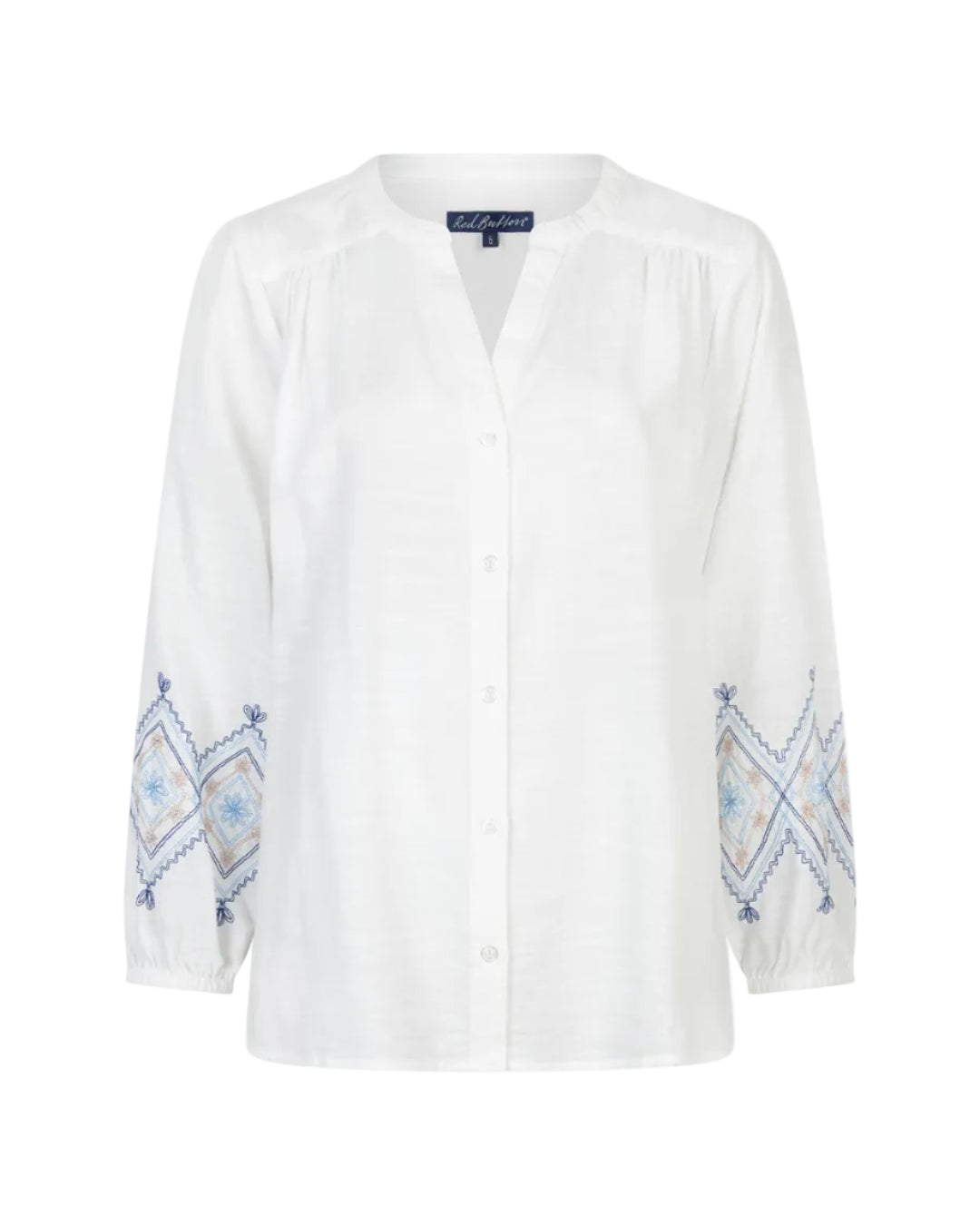 Red Button Womens Shirt Blouse & Embroidery Blue Multi