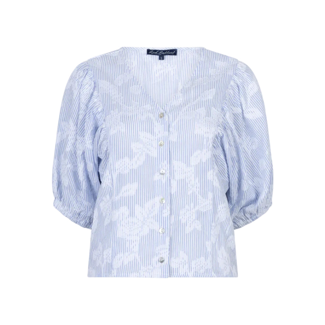 Red Button Womens Blouse Balloonsleeve Stripe & Flower Blue