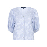 Red Button Womens Blouse Balloonsleeve Stripe & Flower Blue