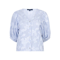 Red Button Womens Blouse Balloonsleeve Stripe & Flower Blue