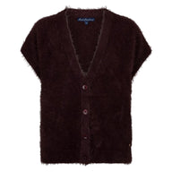Red Button Womens Sleeveless Cardigan Fuzzy Burgundy