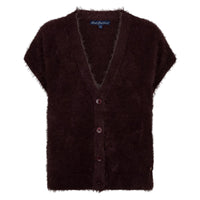 Red Button Womens Sleeveless Cardigan Fuzzy Burgundy