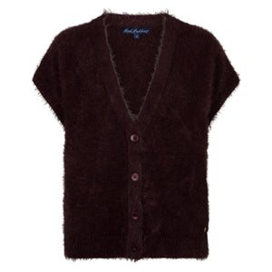 Red Button Womens Sleeveless Cardigan Fuzzy Burgundy