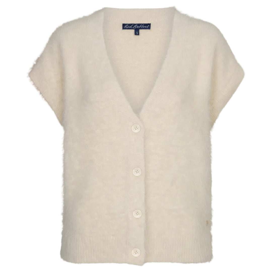 Red Button Womens Cardigan Sleeveless Fuzzy Cream