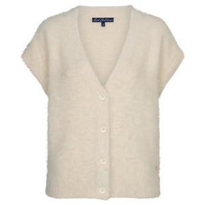 Red Button Womens Cardigan Sleeveless Fuzzy Cream