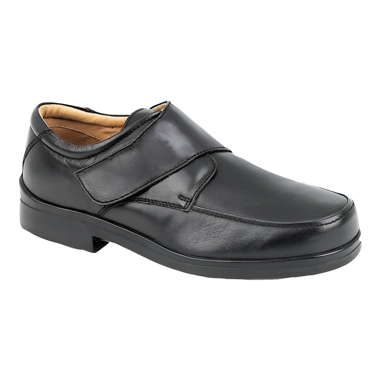 Roamers M404A men's black leather wide-fit shoe with strap fastening
