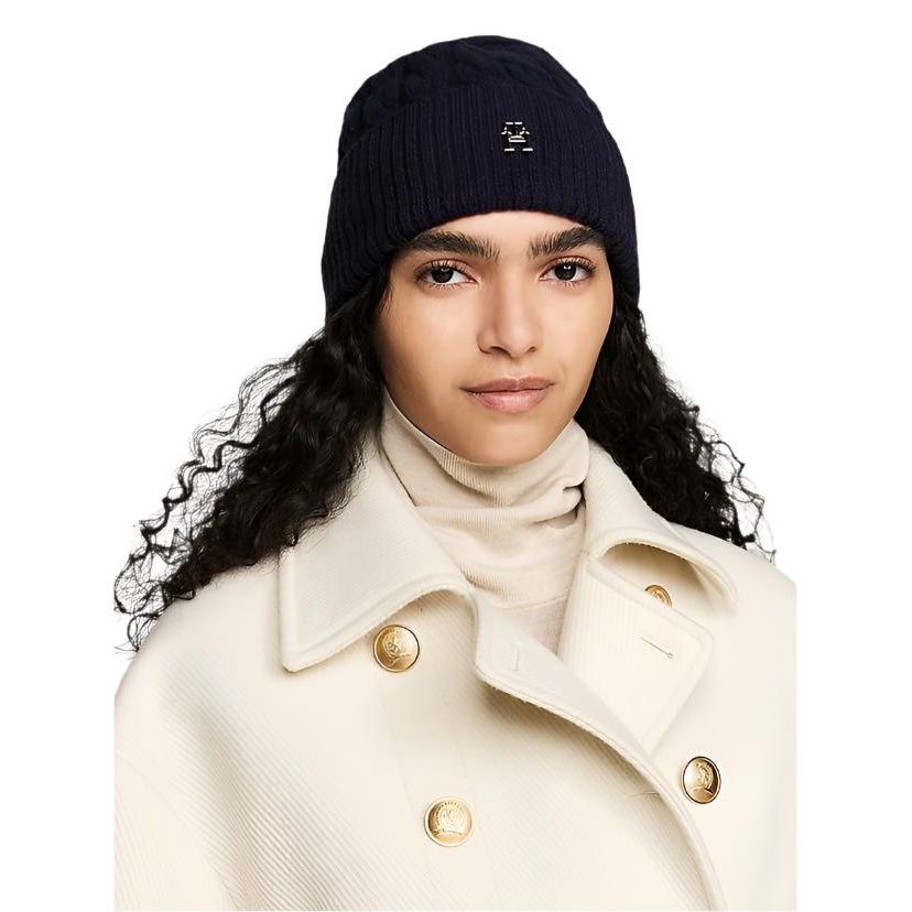 Tommy Hilfiger Womens Monogram Cable Knit Beanie Space Blue