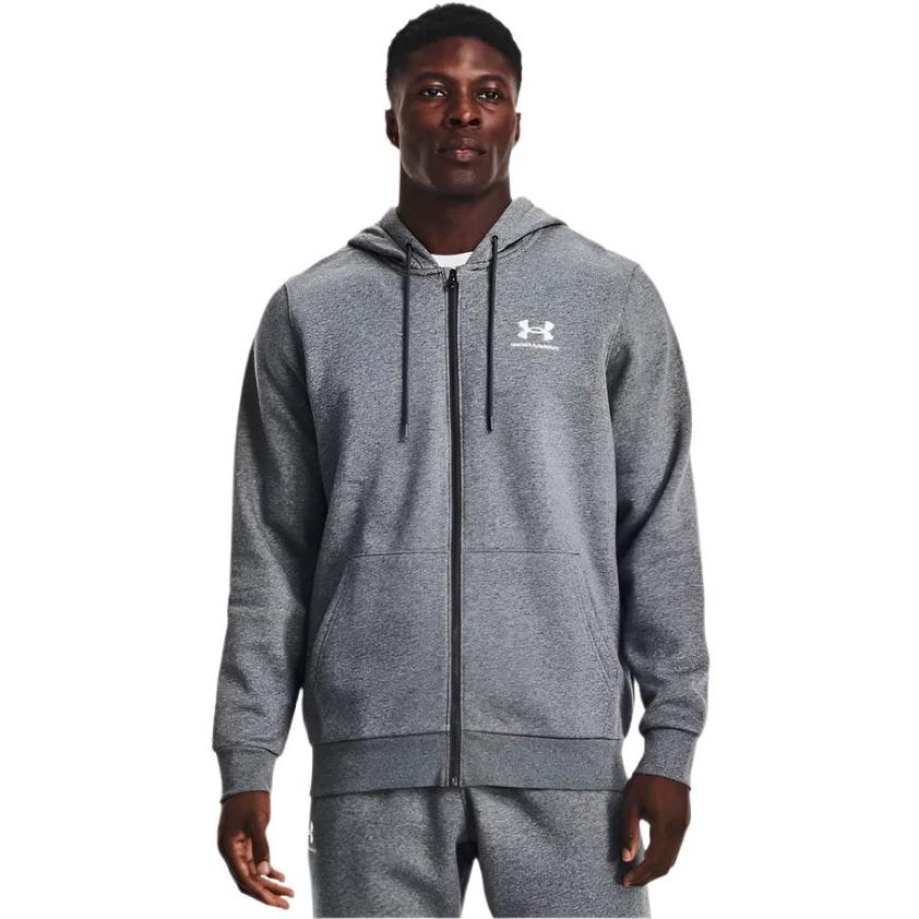 Under Armour Mens Essential Fleece FZ Hood Pitch Grey Medium Heather/White