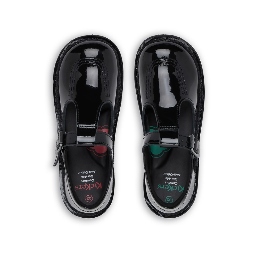 Kickers Junior Girls Shoe Kick T-Bar Patent Leather Black