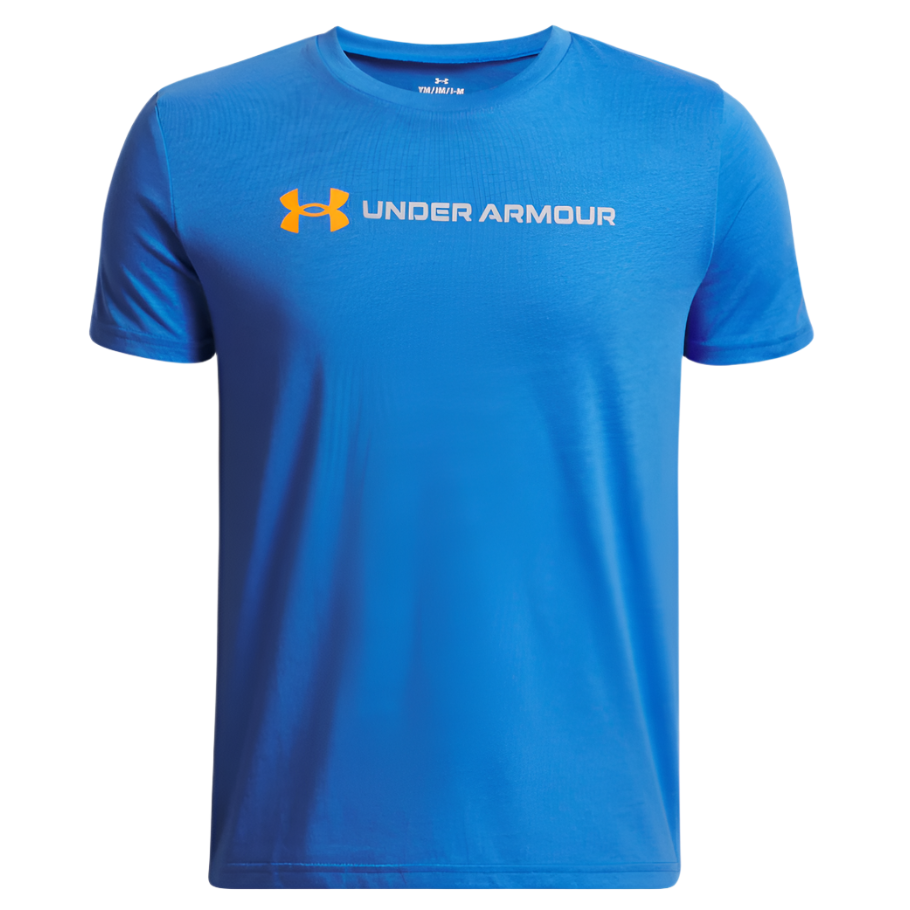 Under Armour Boys T-Shirt Logo Wordmark SS Blue Atlantis/Mod Grey