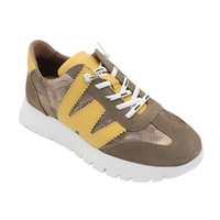 Wonders women's taupe and yellow leather lace-up trainer