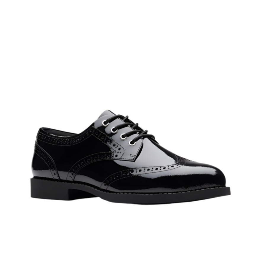 Clarks girls' black patent lace-up school shoe