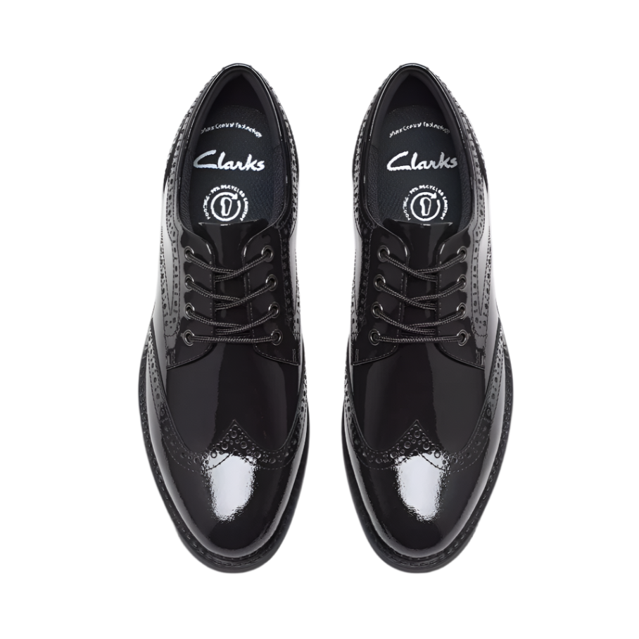 Clarks girls' black patent lace-up school shoe