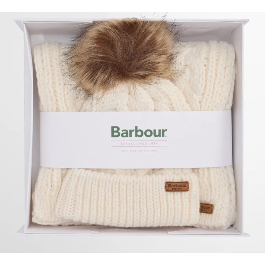 Barbour Penshaw Beanie & Scarf Gift Set Cloud