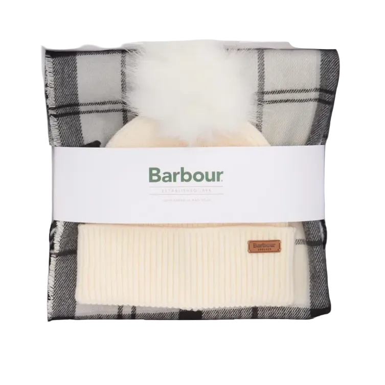 Barbour Dover Beanie & Hailes Scarf Gift Set Monchrome Tartan
