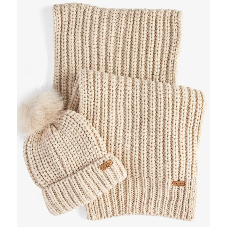 Barbour Saltburn Beanie & Scarf Gift Set Pearl