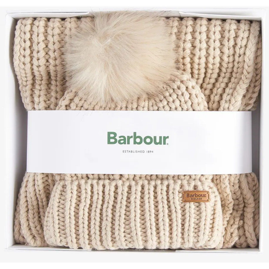 Barbour Saltburn Beanie & Scarf Gift Set Pearl