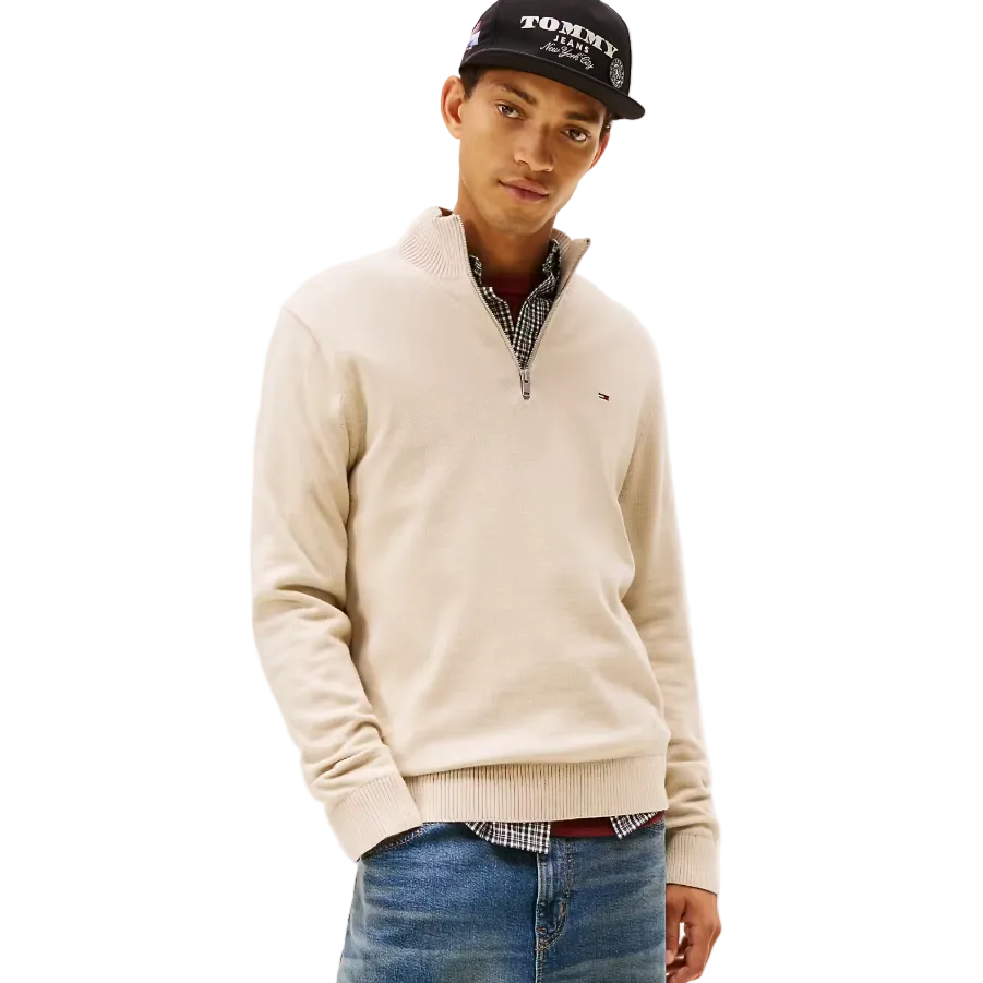Tommy Jeans Mens 1/4 Zip Sweater Gulf Sand