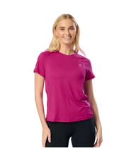 Woman wearing a bright pink t-shirt on a white background