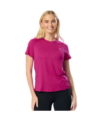 Woman wearing a bright pink t-shirt on a white background