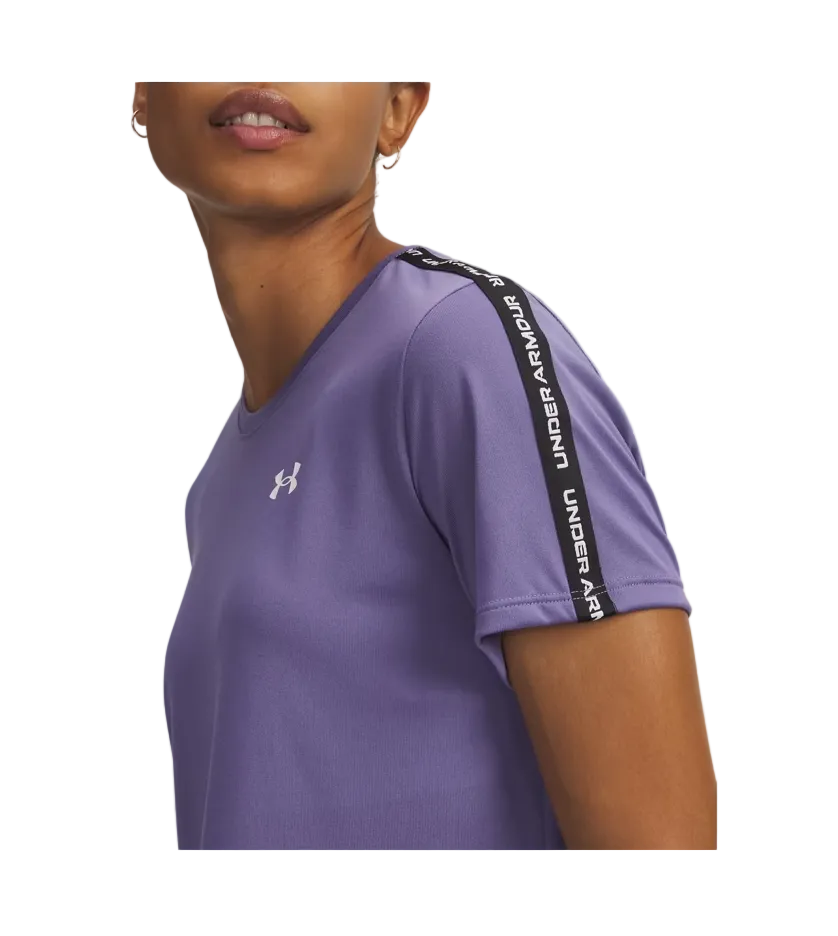 Under Armour Womens T-Shirt Tech Woodmark Tape S/S Purple Luxe/Black/White