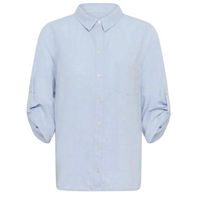 Light blue button-up shirt with rolled-up sleeves on a white background