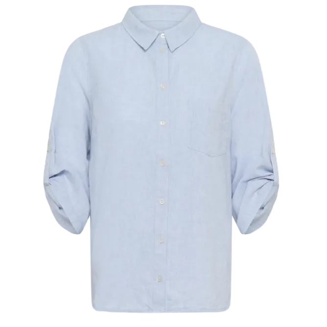 Light blue button-up shirt with rolled-up sleeves on a white background