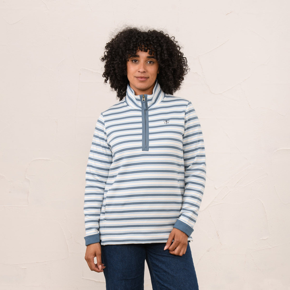 Lighthouse women's Shore II quarter-zip top in bluestone and pale blue stripe
