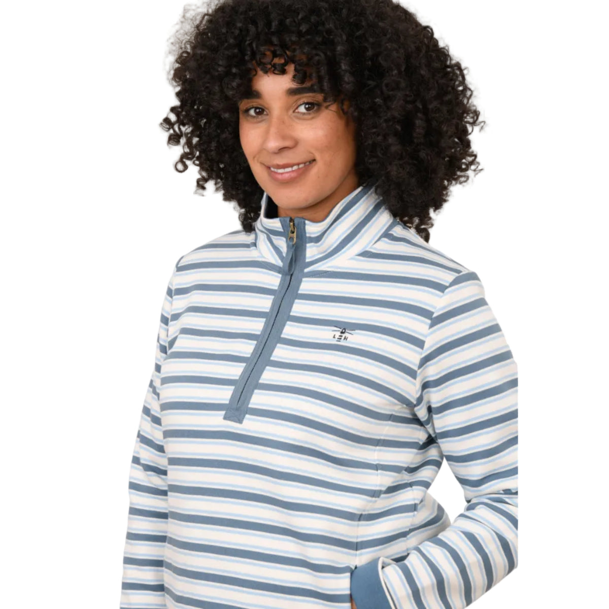 Lighthouse women's Shore II quarter-zip top in bluestone and pale blue stripe