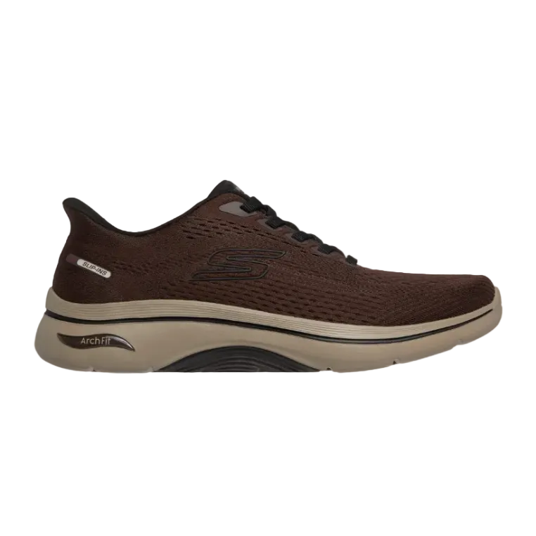 Skechers men's chocolate brown Go Walk Arch Fit 2.0 Percy slip-ins trainer