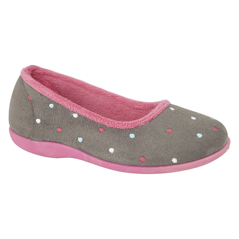 Grey ladies slipper with pink sole and trim, multicolored polka dots, fleece lining